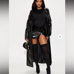NWT Fashion Nova Black glossy Leather Jacket maxi trench coat xs
